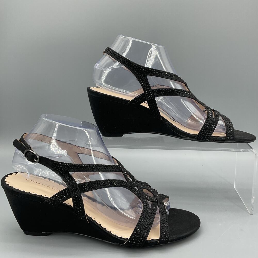NEW Charter Club Women’s Kelsah Embellished Metallic Wedges Black Size 9.5M